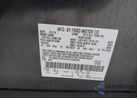 2016 Ford Explorer Xlt from USA, damaged, VIN 1FM5K7DHXGGC64526